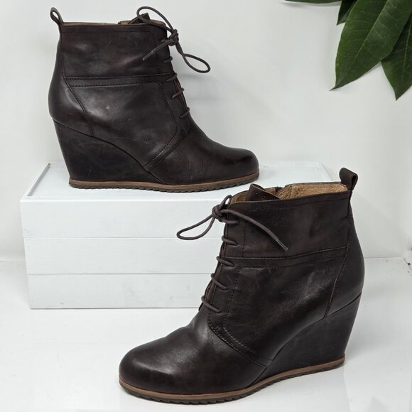 BIALA Leather Wedge Boots Womens 41 US 10 Brown Lace Tie Side Zipper Casual - Picture 1 of 10